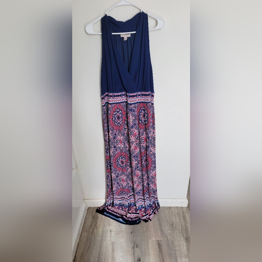 Established 1962 floor length dress dark blue with pink paisley flowers. Size 20